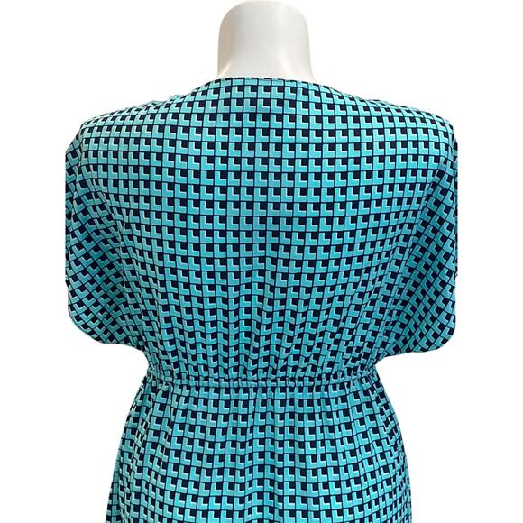 Michael Kors Navy & Aqua Geometric Print Dress, Size Large Elastic Tie Waist EUC - Picture 8 of 9
